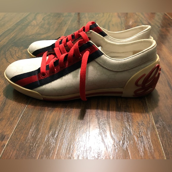 Gucci GG Monogram Script White/Navy/Red Sneakers SZ 37 - Picture 4 of 13